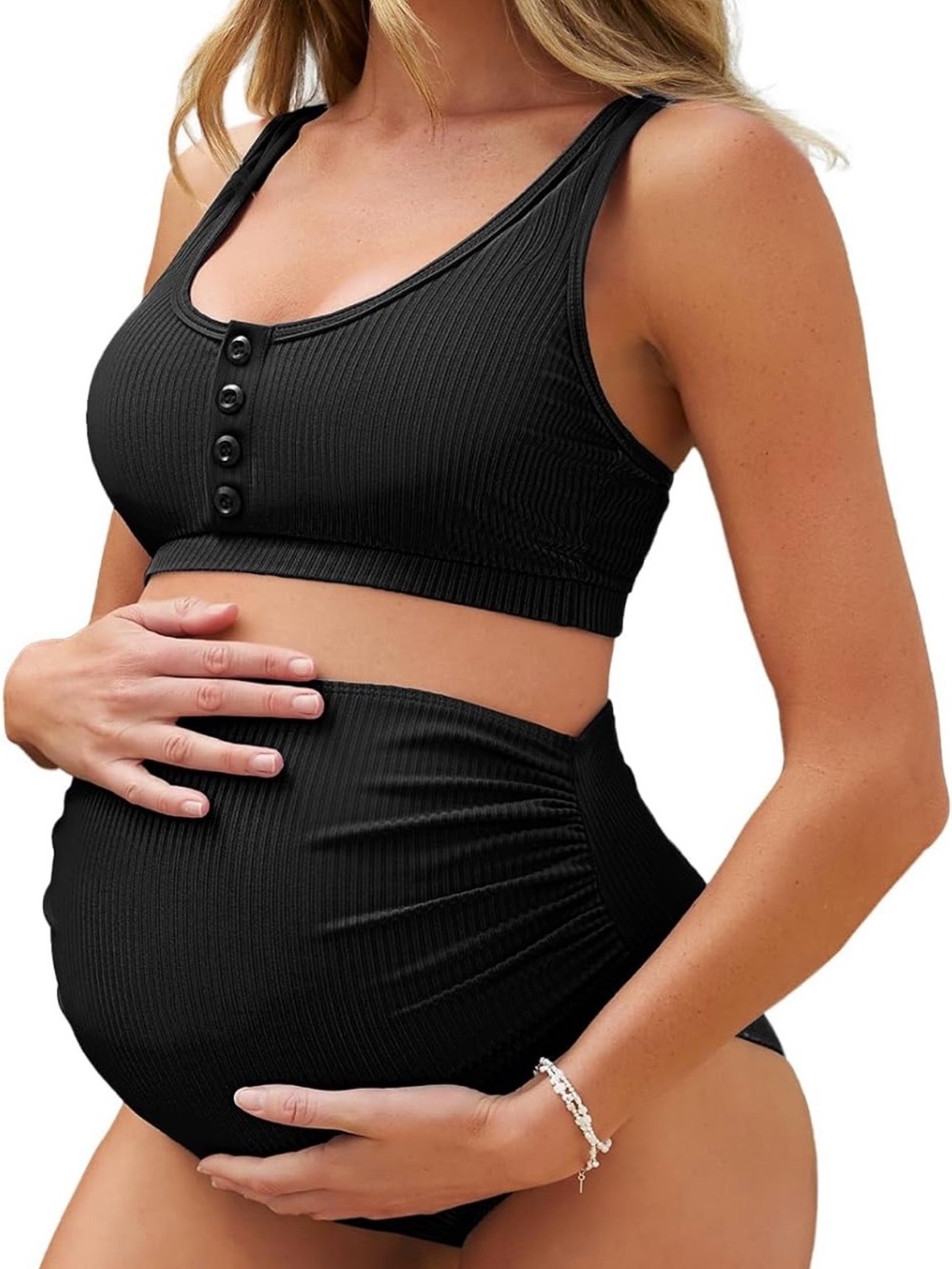 Maternity Ribbed High Waist Swimsuit Crop Top Bikini 2 Piece Pregnancy Swimwear